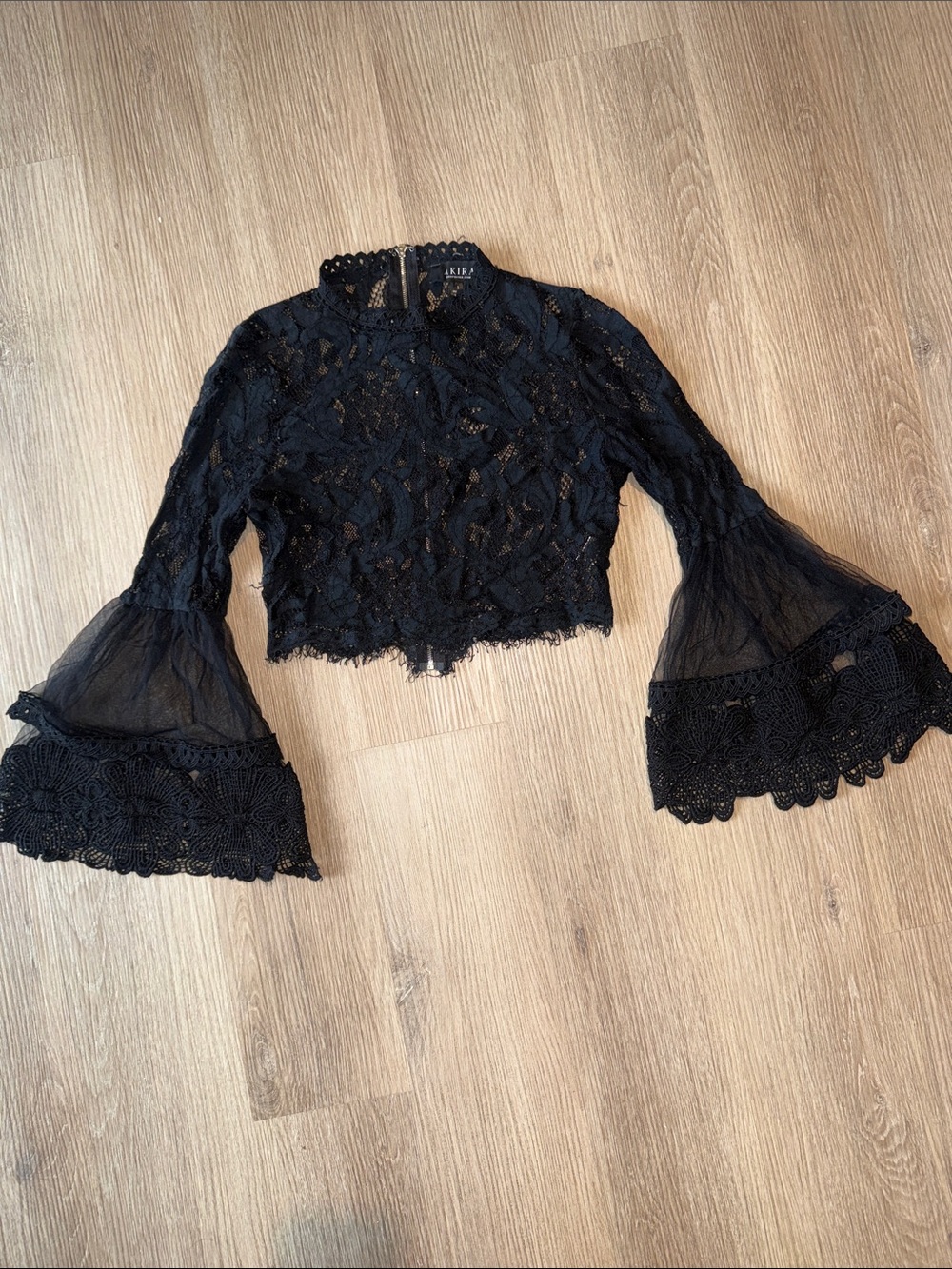 AKIRA Black Label Lace Mesh Sheer Bell-Sleeve Zipper Back Crop Top Blouse Shirt
